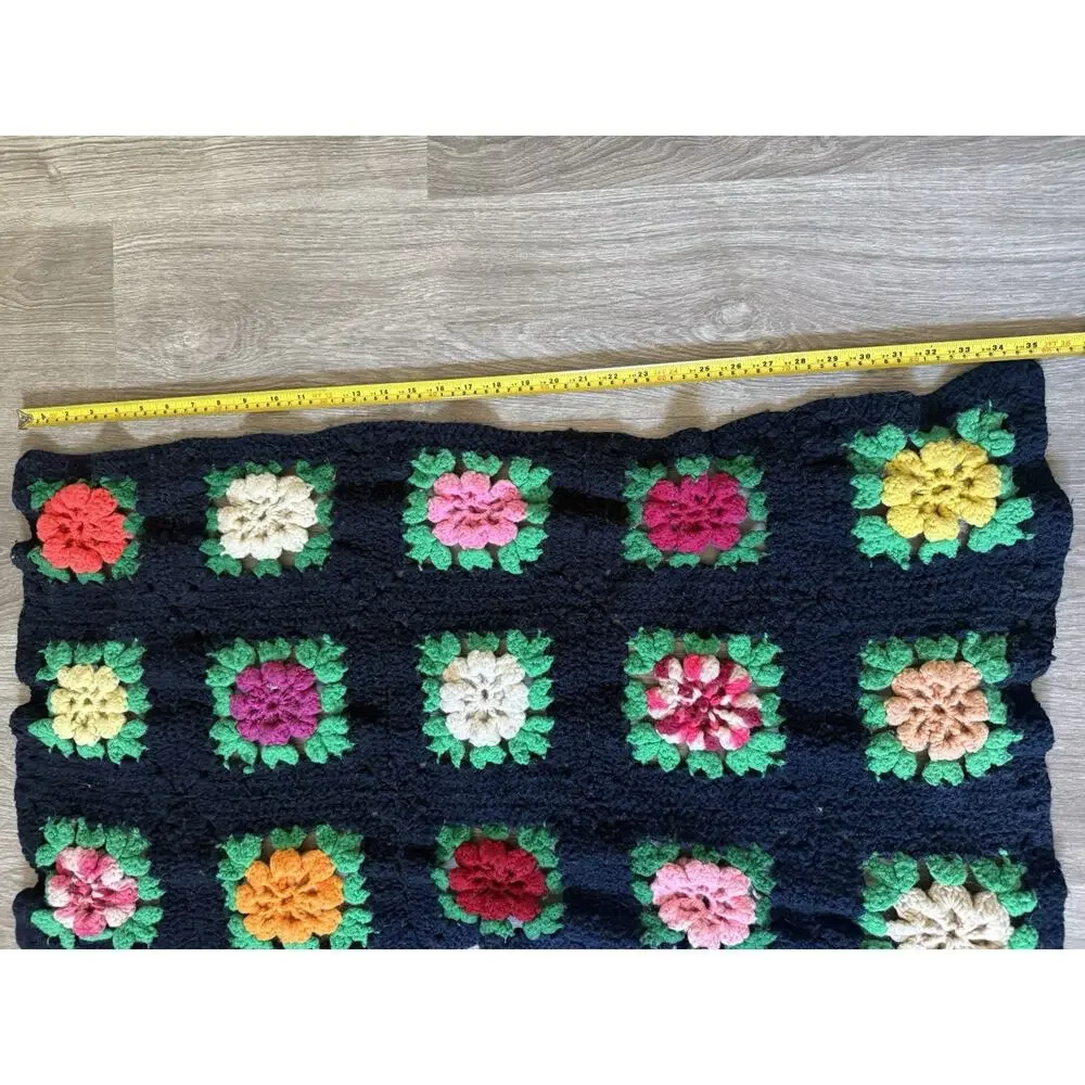 Vintage Handmade Crochet 3D Flower Granny Square Afghan Blanket 36x20